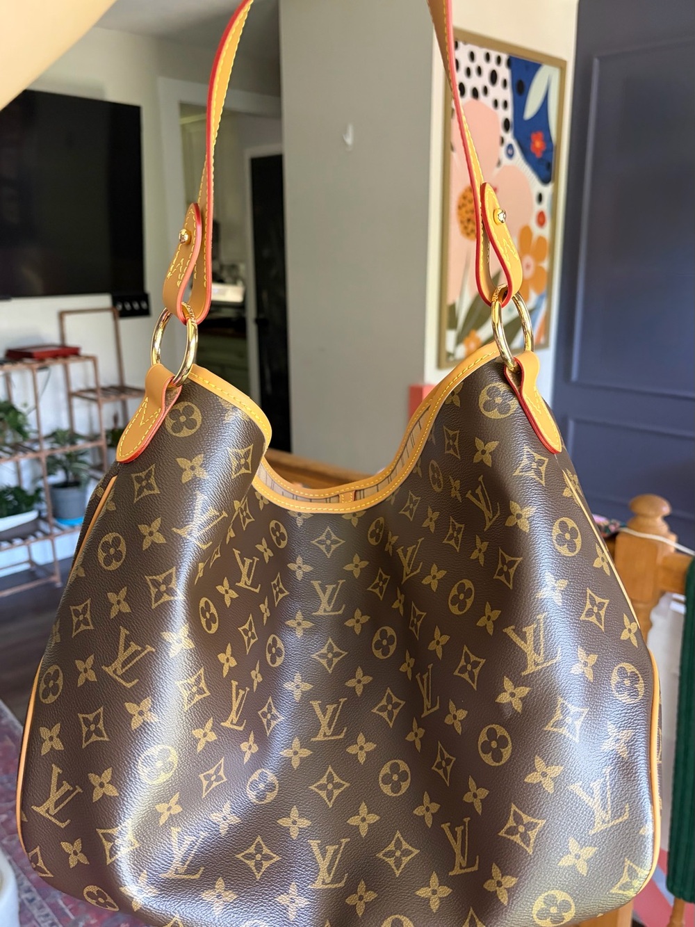 Monogram Canvas Hobo Shoulder Bag in Brown with Tan Trim